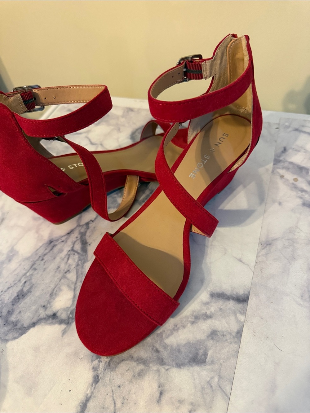 Sun + Stone Red Suede Crisscross Ankle-Strap Block Heel Sandals